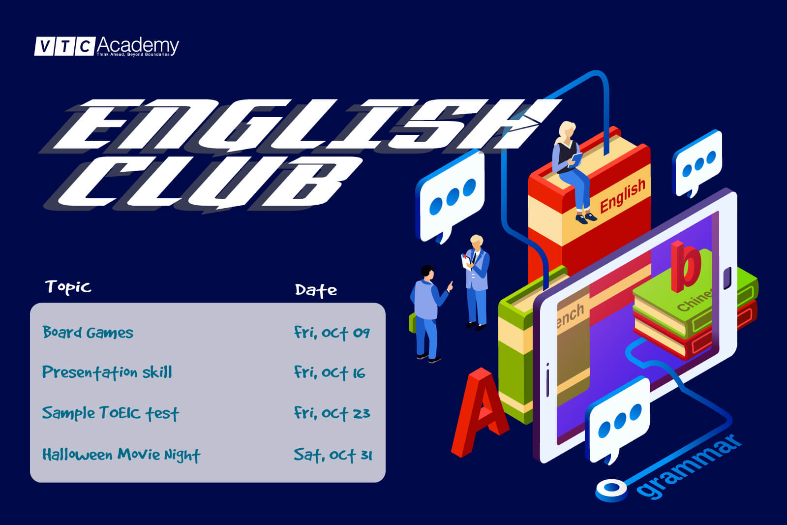 Schedule of student clubs in October 2020 at VTC Academy HCMC