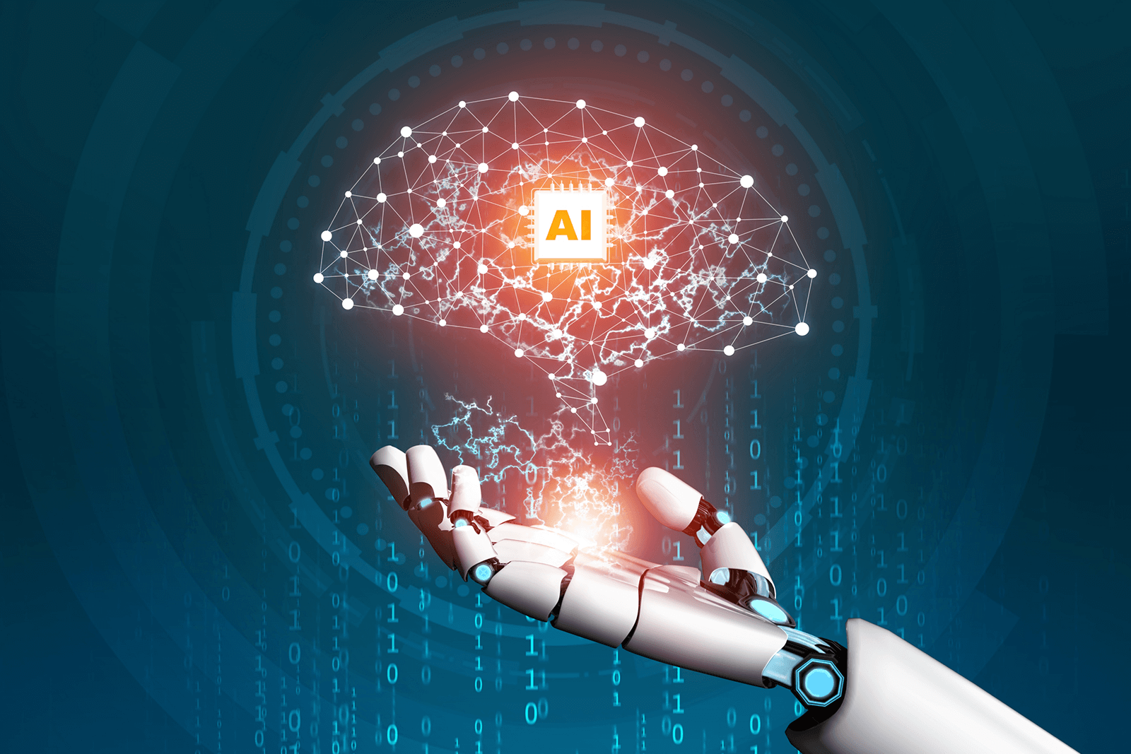  A robot hand holding a glowing brain with the text 'AI' on it, representing a Generative AI Specialist working on a computer.