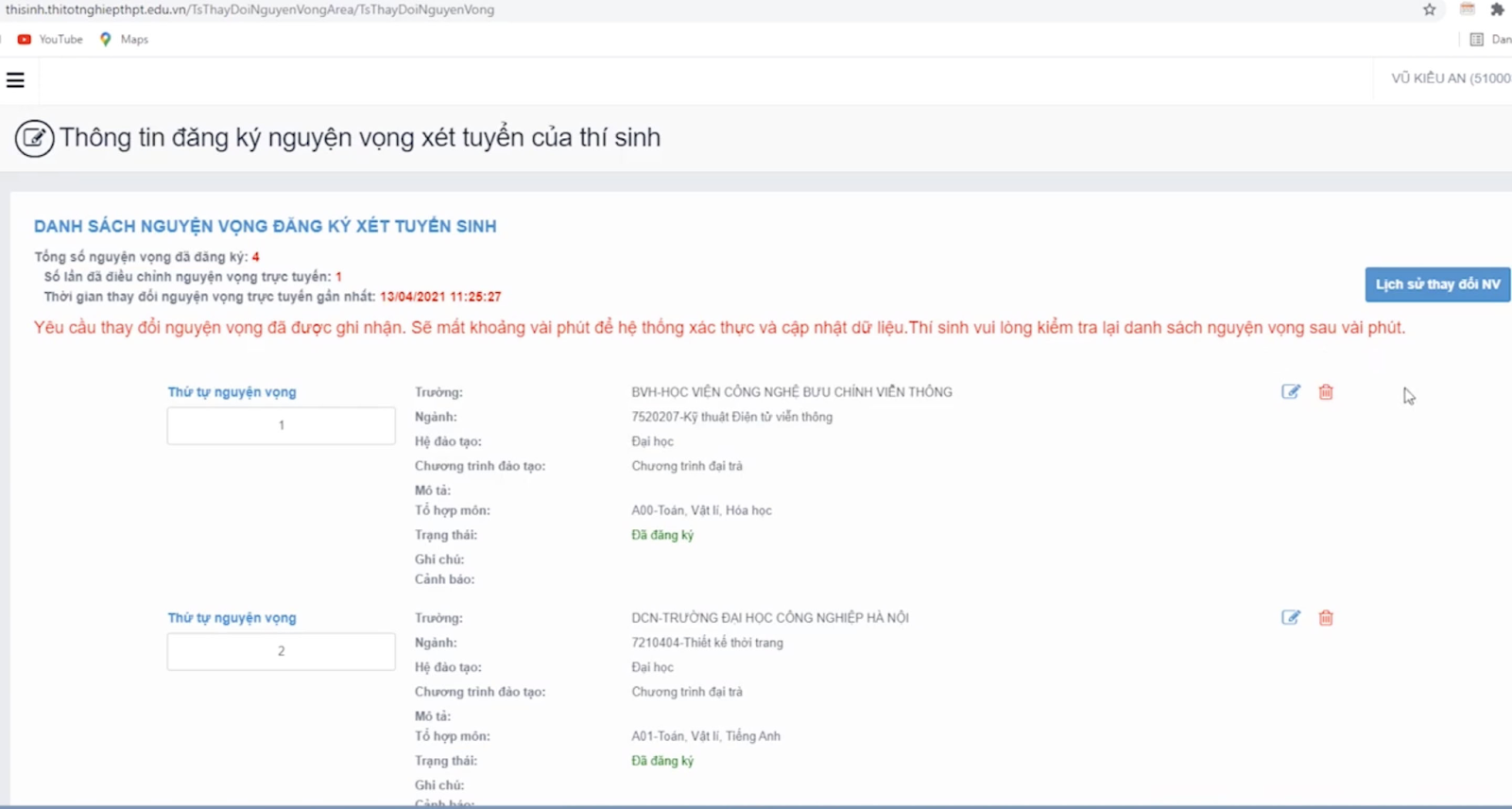 lưu thông tin đăng ký nguyên vọng đại học 2024