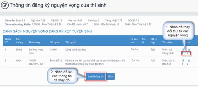 Sắp xếp lại thứ tự nguyện vọng