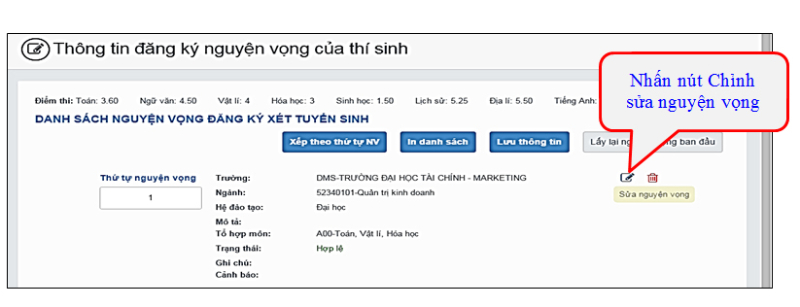 thí sinh đăng ký nguyện vọng xét tuyển đại học