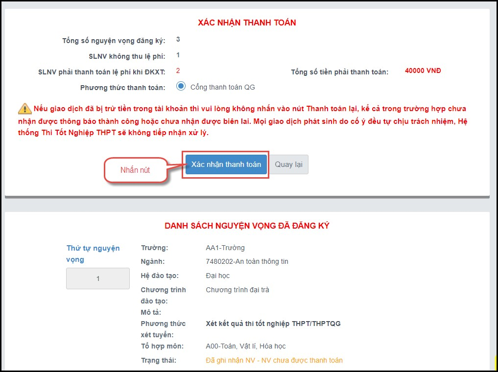 xác nhận thanh toán nguyên vọng đại học